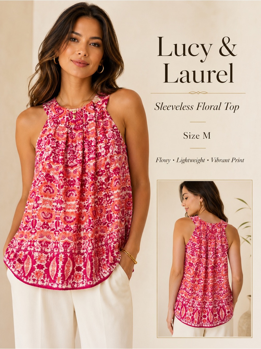 Lucy & Laurel Pink Floral Halter Neck Sleeveless Top